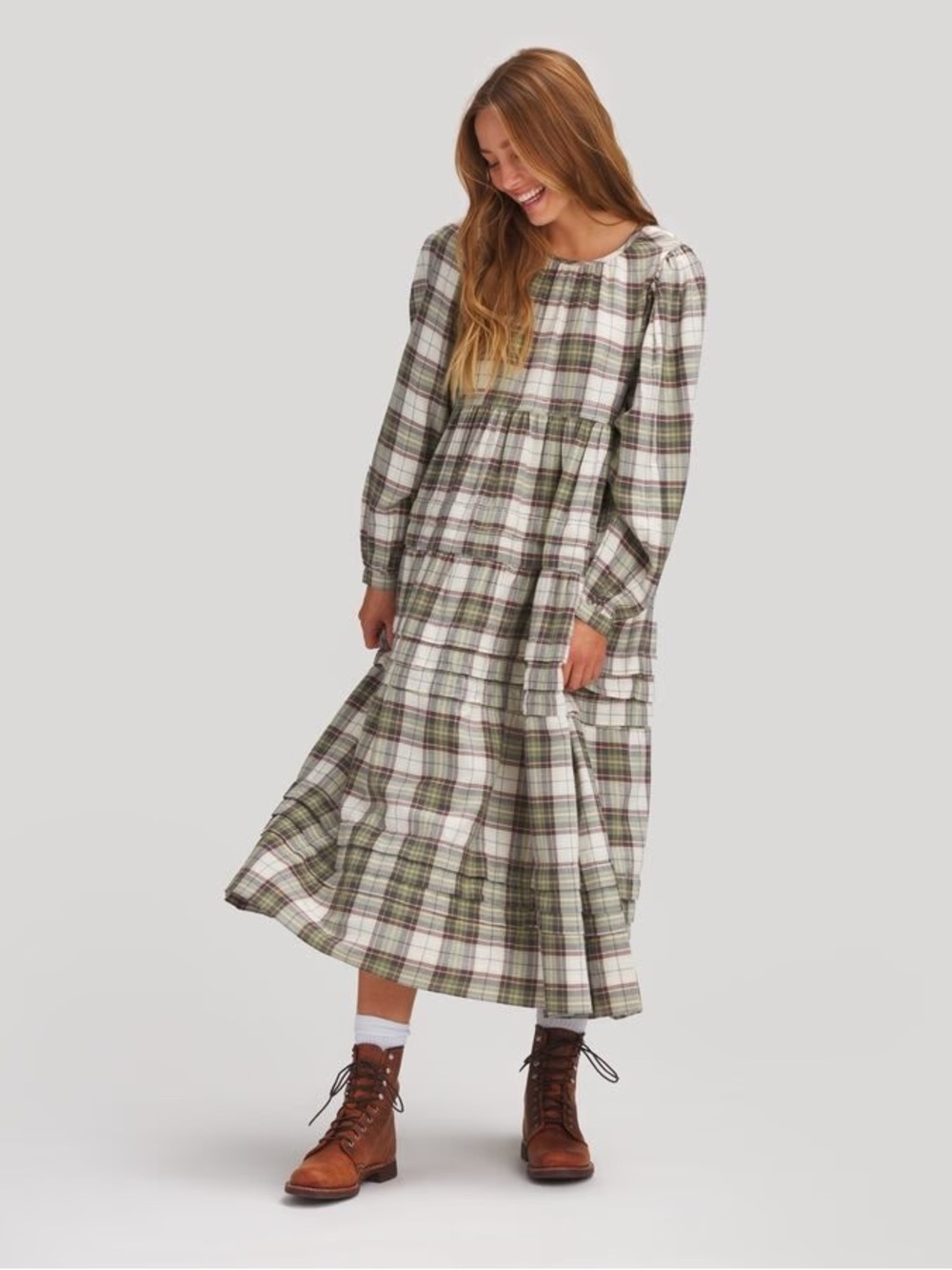 Basin + Range Organic Cotton Plaid Tiered Midi "Ranch" Farmhouse Dress - Picture 9 of 10